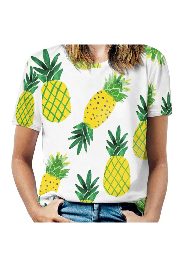 Lunarable Pineapple Womens Tops Women's Fashion Casual Short Sleeve Flower Print Round Neck Pullover Top Blouse