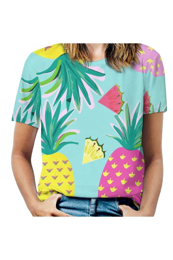 Lunarable Pineapple Womens Tops Women's Fashion Casual Short Sleeve Flower Print Round Neck Pullover Top Blouse