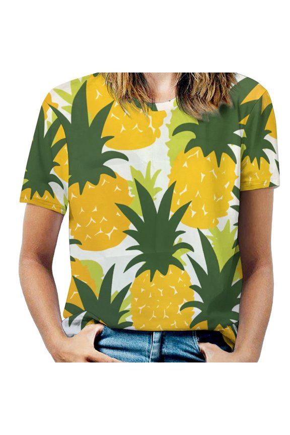 Lunarable Pineapple Womens Tops Women's Fashion Casual Short Sleeve Flower Print Round Neck Pullover Top Blouse