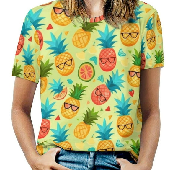 Lunarable Pineapple Womens Tops Women's Fashion Casual Short Sleeve Flower Print Round Neck Pullover Top Blouse