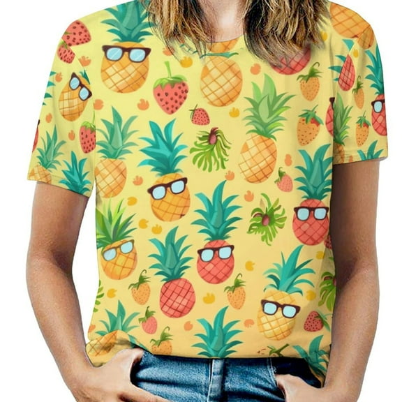Lunarable Pineapple Womens Tops Women's Fashion Casual Short Sleeve Flower Print Round Neck Pullover Top Blouse