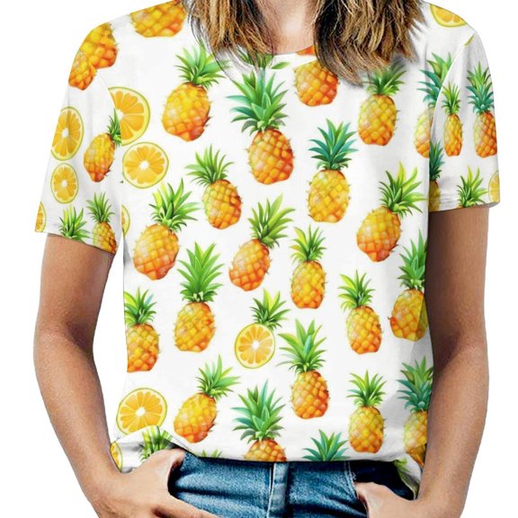 Lunarable Pineapple Womens Tops Women's Fashion Casual Short Sleeve Flower Print Round Neck Pullover Top Blouse
