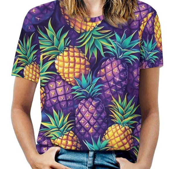 Lunarable Pineapple Womens Tops Women's Fashion Casual Short Sleeve Flower Print Round Neck Pullover Top Blouse