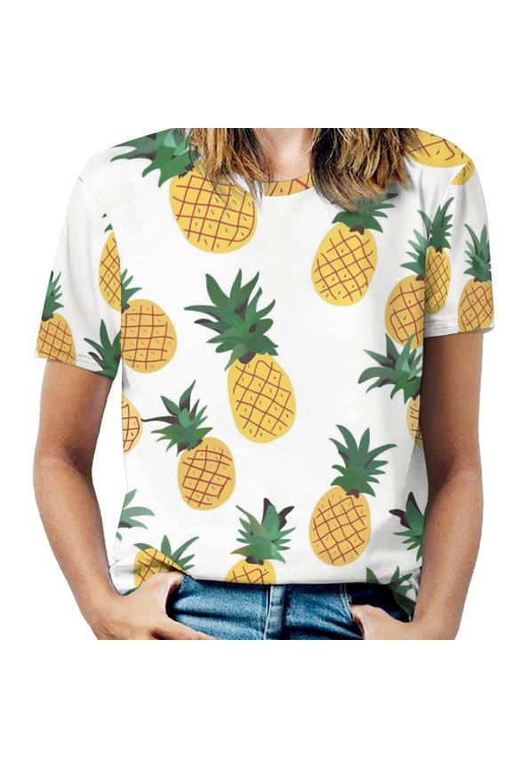 Lunarable Pineapple Womens Tops Women's Fashion Casual Short Sleeve Flower Print Round Neck Pullover Top Blouse