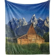 Lunarable Rustic Throw Blanket, Moulton Barn and Teton Mountain Range in Grand Teton National Park Wyoming, Flannel Fleece Accent Piece Soft Couch Cover for Adults, 70" x 90", Brown Green