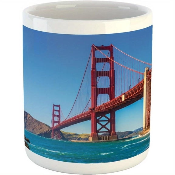 Lunarable San Francisco Golden Gate Bridge Ceramic Travel Mug 11oz Iconic GGB Design from Beach Ivory Blue Hand Wash Only Reusable Coffee Cup Tea and