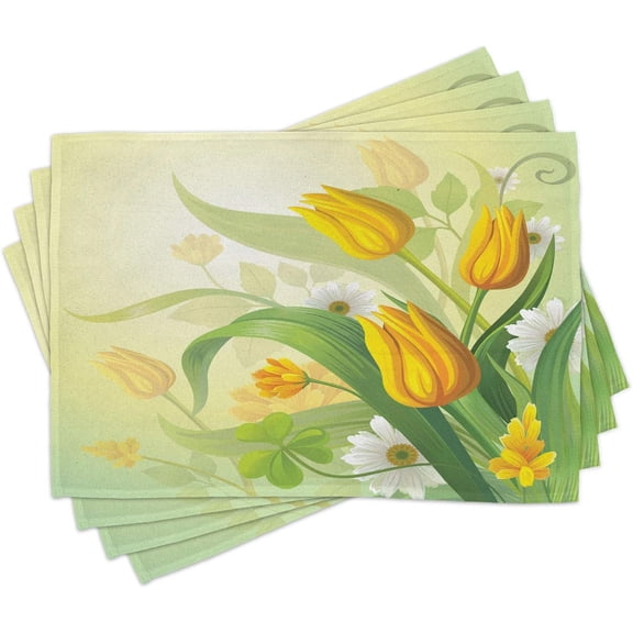 Lunarable Tulip Place Mats Set of 4, Tulips and Chamomiles Bouquet Against Wind Fresh Botanical Spring Field Picture, Washable Fabric Placemats for Dining Table, Standard Size, Green Yellow