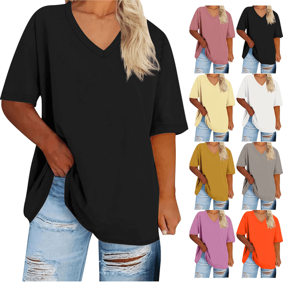 Lunaseek Womens Plus Size T Shirts Oversized Tees Summer Short Sleeve V Neck Trendy Tunic Blouses Tops Casual Shirts
