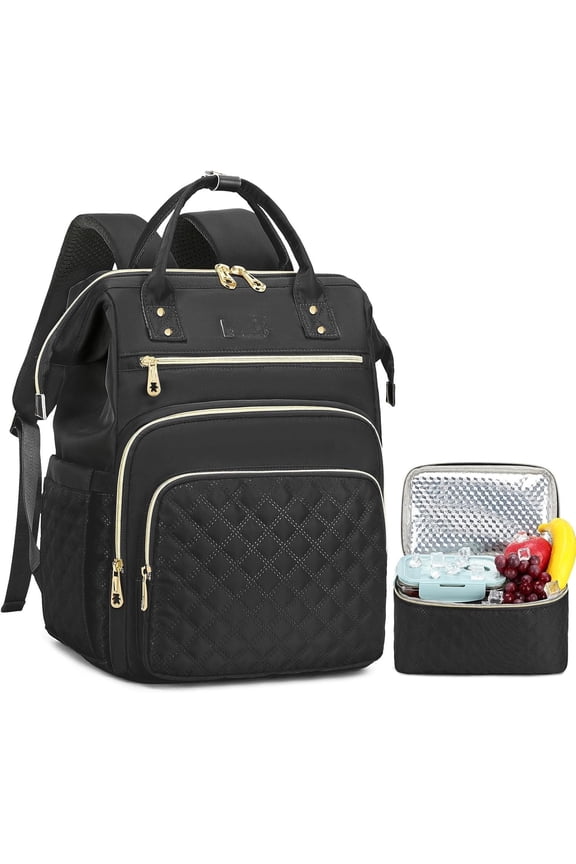 Lunch Backpack, 15.6 inch Laptop Backpack with Insulated Lunch Bag, Backpack Cooler for Women, Large Travel Backpack Lunch Box Compartment, Work Computer Backpack, Teacher College Book Bag, Black