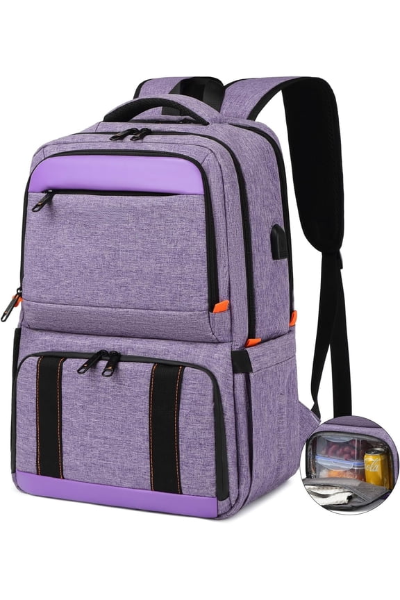 Lunch Backpack, Insulated Cooler Backpack Lunch Box for Women, 15.6 Inch RFID Blocking Laptop Backpack with USB Port, for Work Travel Picnics Hiking Purple