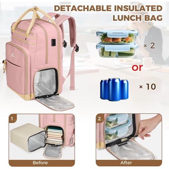Lunch Backpack for Women, Teacher Backpack with Lunch Compartment Detachable & USB Port Fit 15.6 Inch Laptop, College Computer Backpacks Meal Prep Work Bag Gift for Nurse Commute Office, Pink