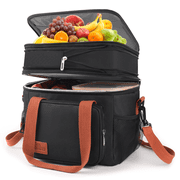 Lunch Bag, 17L Expandable Double Deck Insulated Lunch Bag for Women/ Men, Lunch Tote Bag for Work, School, Camping, Picnic, Beach, Leakproof Freezable Cooler Box for Drinks with Side Pocket, Black