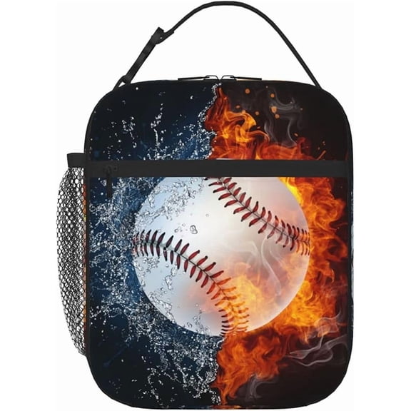 Lunch Bag Baseball Fire Water Sport Insulated Box Reusable with Side Pocket for Men Work Picnic Hiking Daytrip
