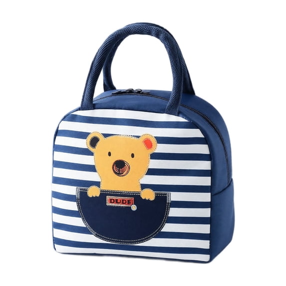 Lunch Bag, Cartoon Patterned Insulated Bento Box Portable Handheld Thermal Cooler Pouch Leakproof Outdoor Picnic Work Travel Food Storage Carrier Tote Bag for Adults 7.48x9.06in Dark Blue