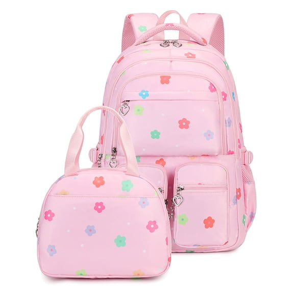 Lunch Bag Combo Backpack 18.11 Inch Nylon Floral 2PCS for Picnics Recreational (Pink)