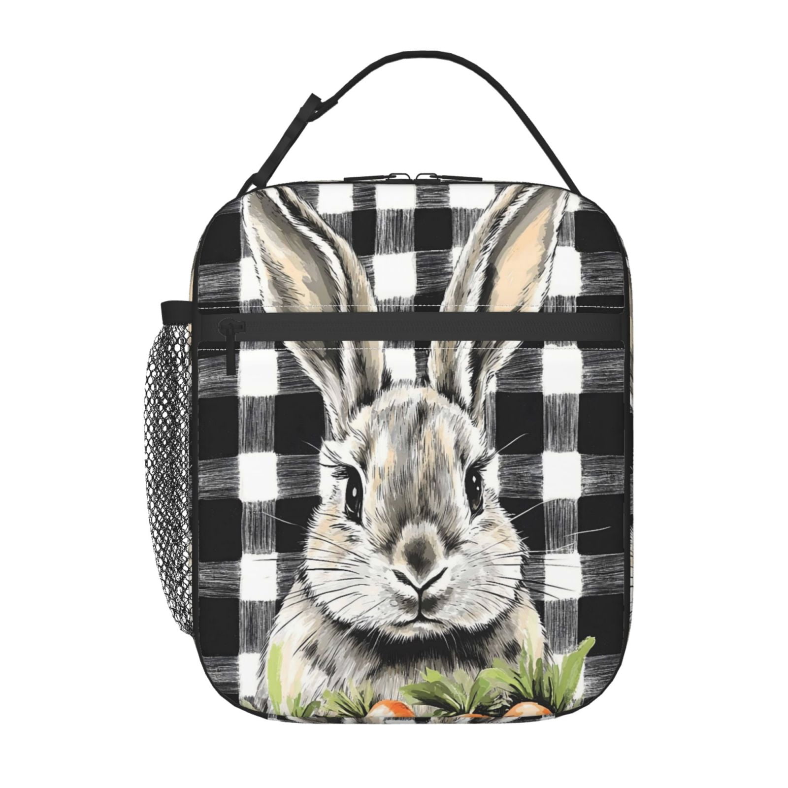 Lunch Bag For Women Men Insulated Portable Lunch Box Bento Box Office Picnic Travel Cooler Bag A Rabbit With Carrots On A Grid Background