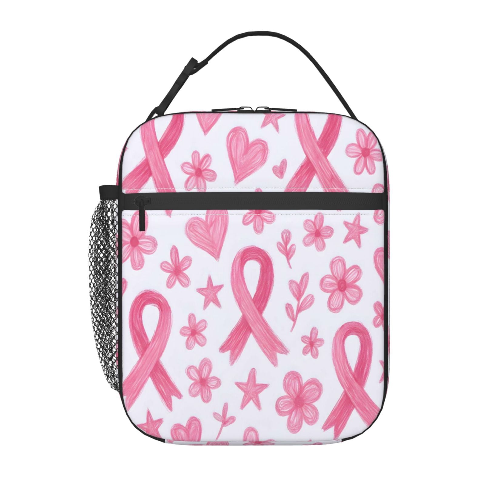 Lunch Bag For Women Men Insulated Portable Lunch Box Bento Box Office Picnic Travel Cooler Bag Artistic Pink Ribbon Pattern With Sketched Elements