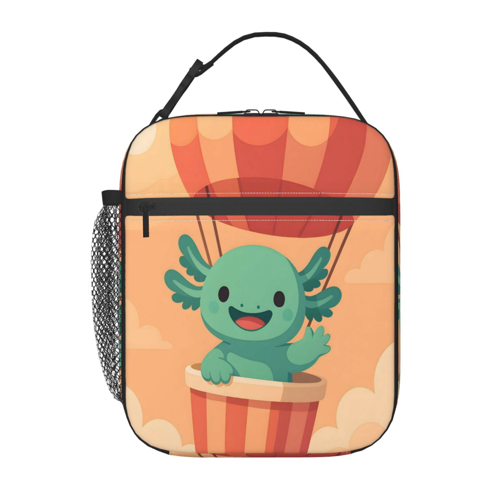Lunch Bag For Women Men Insulated Portable Lunch Box Bento Box Office Picnic Travel Cooler Bag Axolotl Rides A Hot Air Balloon