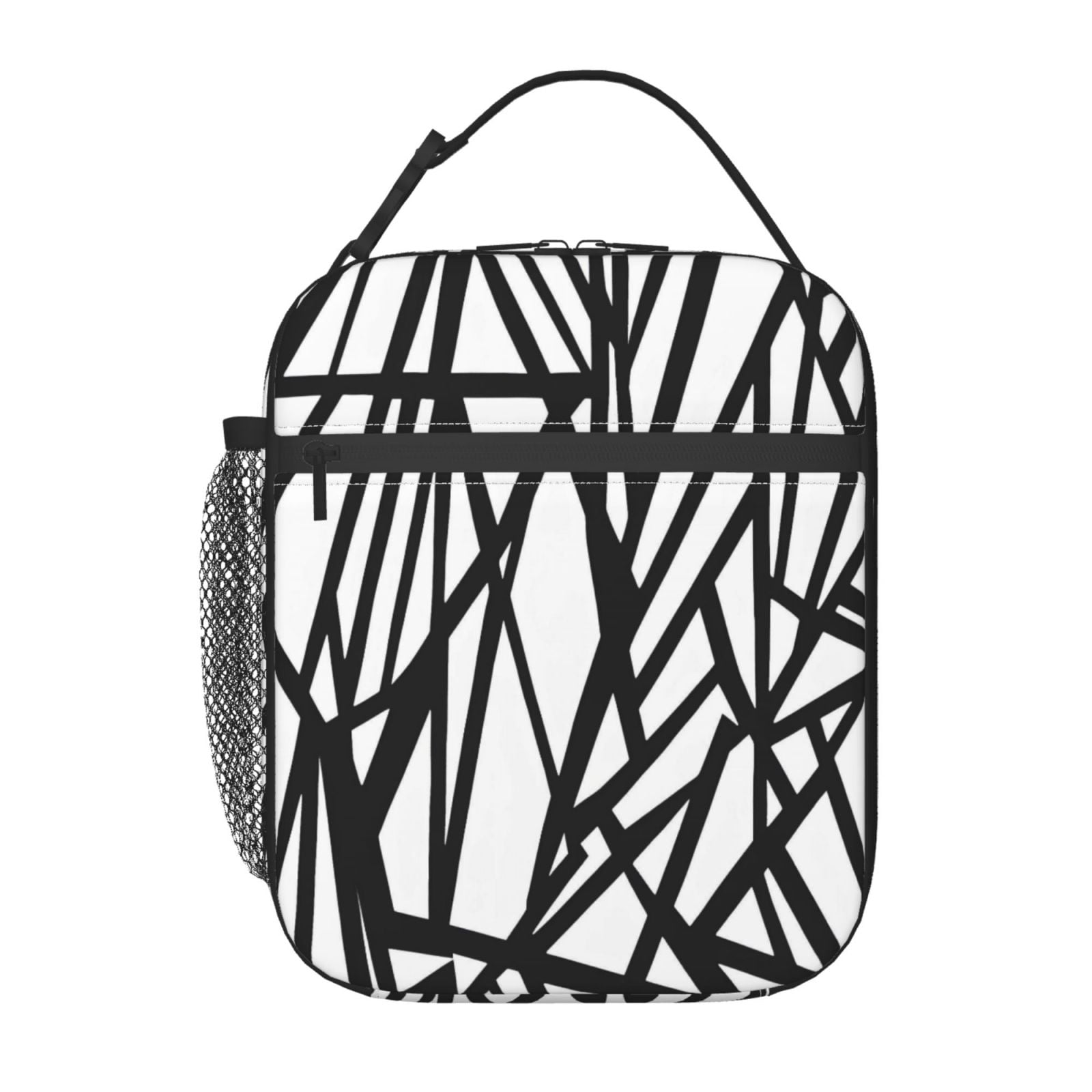 Lunch Bag For Women Men Insulated Portable Lunch Box Bento Box Office Picnic Travel Cooler Bag Black Geometric Lines_4