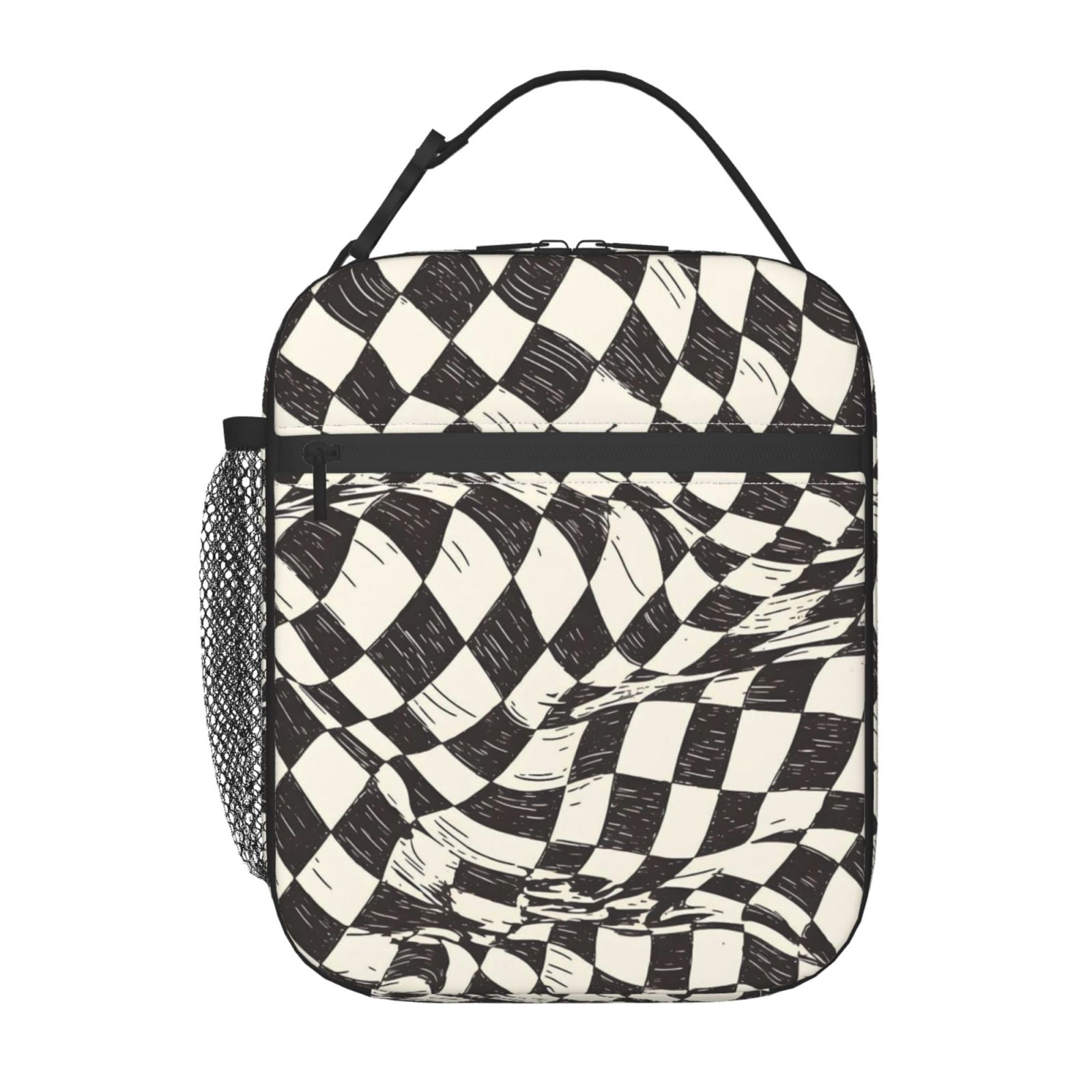 Lunch Bag For Women Men Insulated Portable Lunch Box Bento Box Office Picnic Travel Cooler Bag Black White Checked Hand-Drawn Sketch2