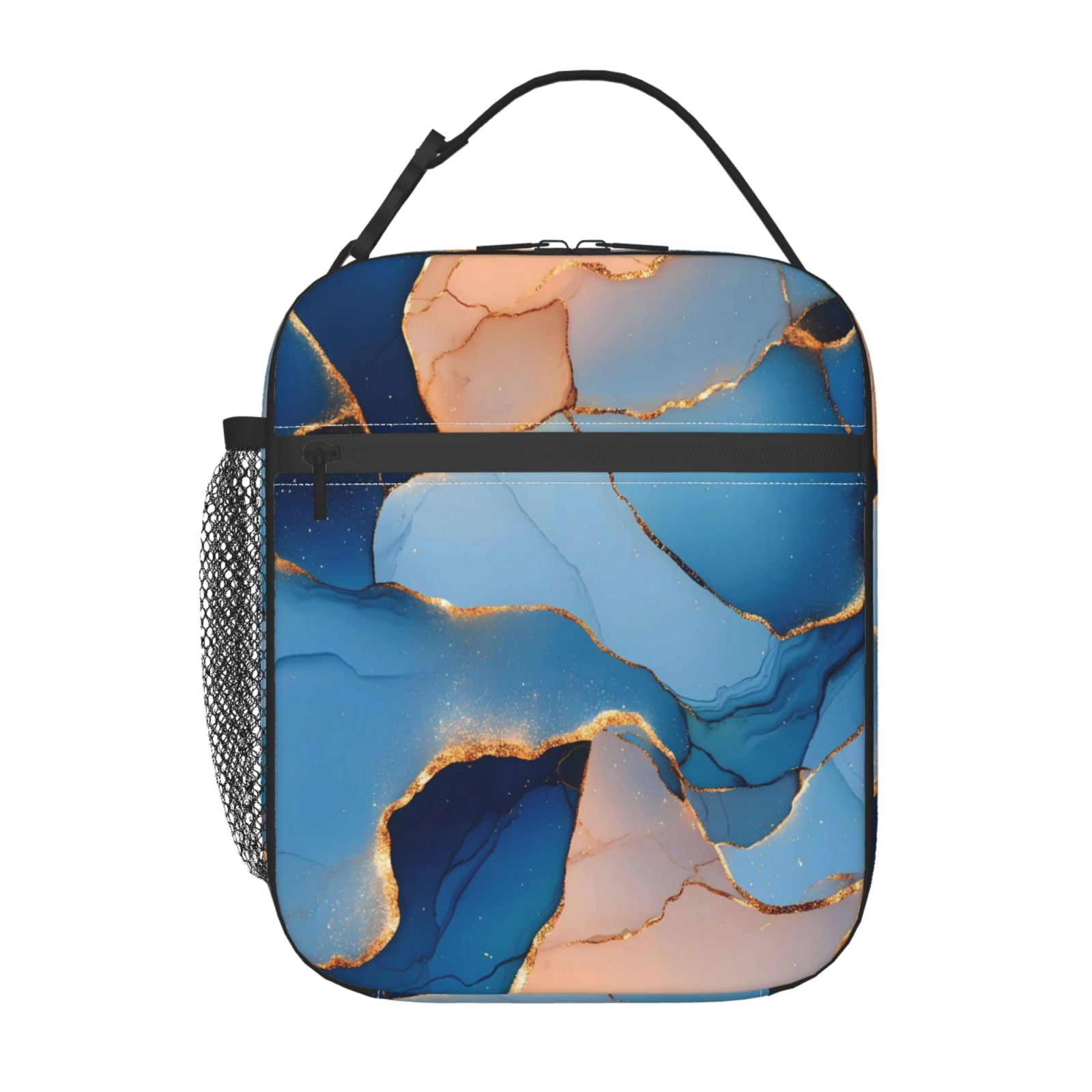 Lunch Bag For Women Men Insulated Portable Lunch Box Bento Box Office Picnic Travel Cooler Bag Blue And Beige Gold Marble
