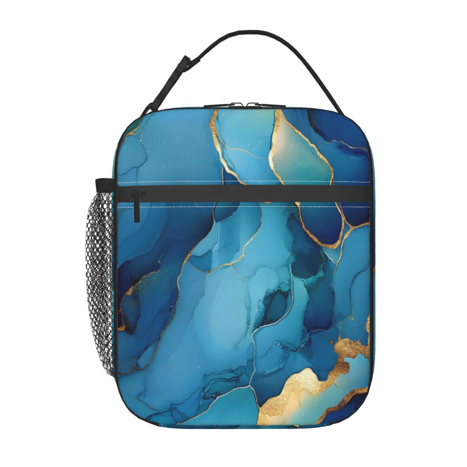 Lunch Bag For Women Men Insulated Portable Lunch Box Bento Box Office Picnic Travel Cooler Bag Blue And Gold Marble