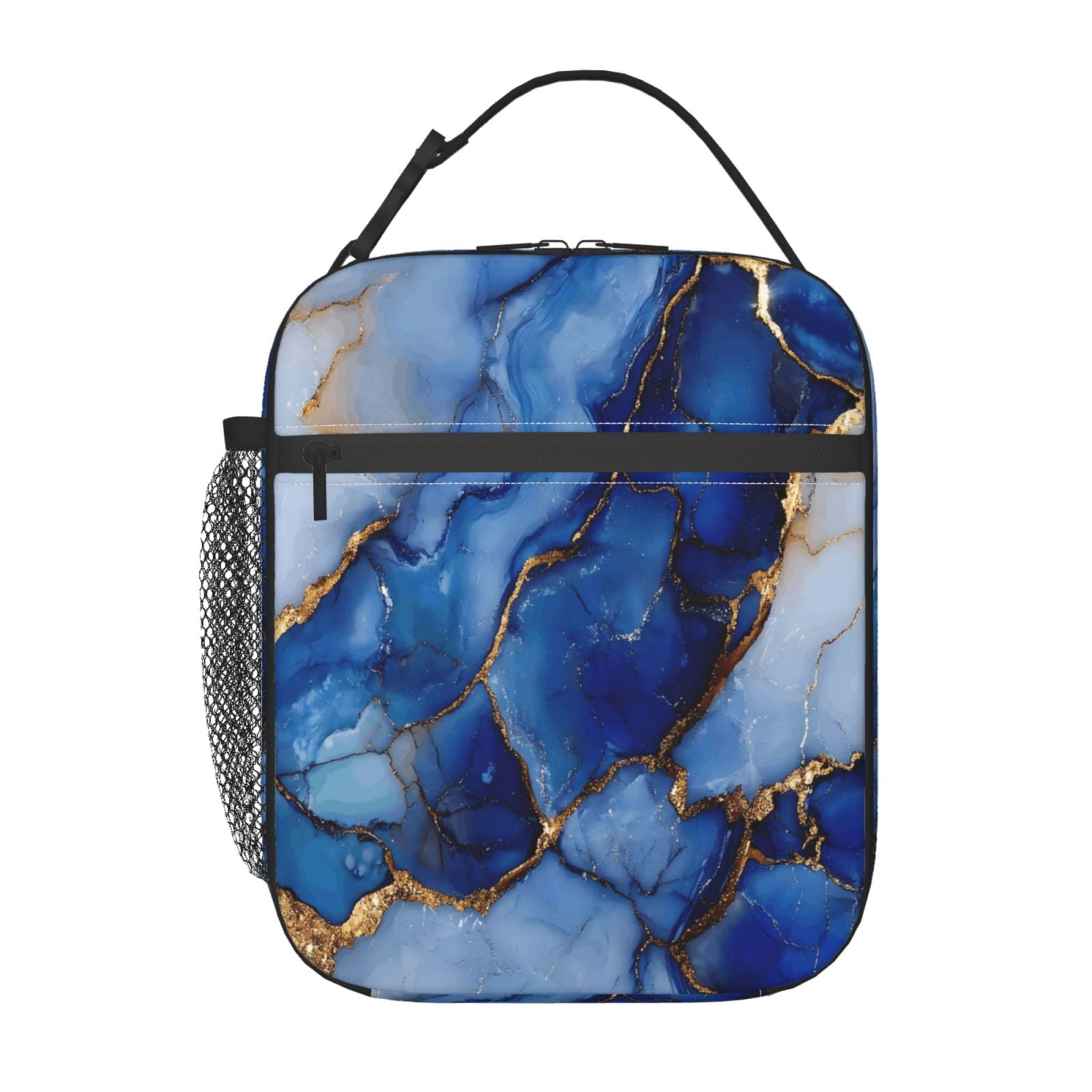 Lunch Bag For Women Men Insulated Portable Lunch Box Bento Box Office Picnic Travel Cooler Bag Blue And White Gold Marble