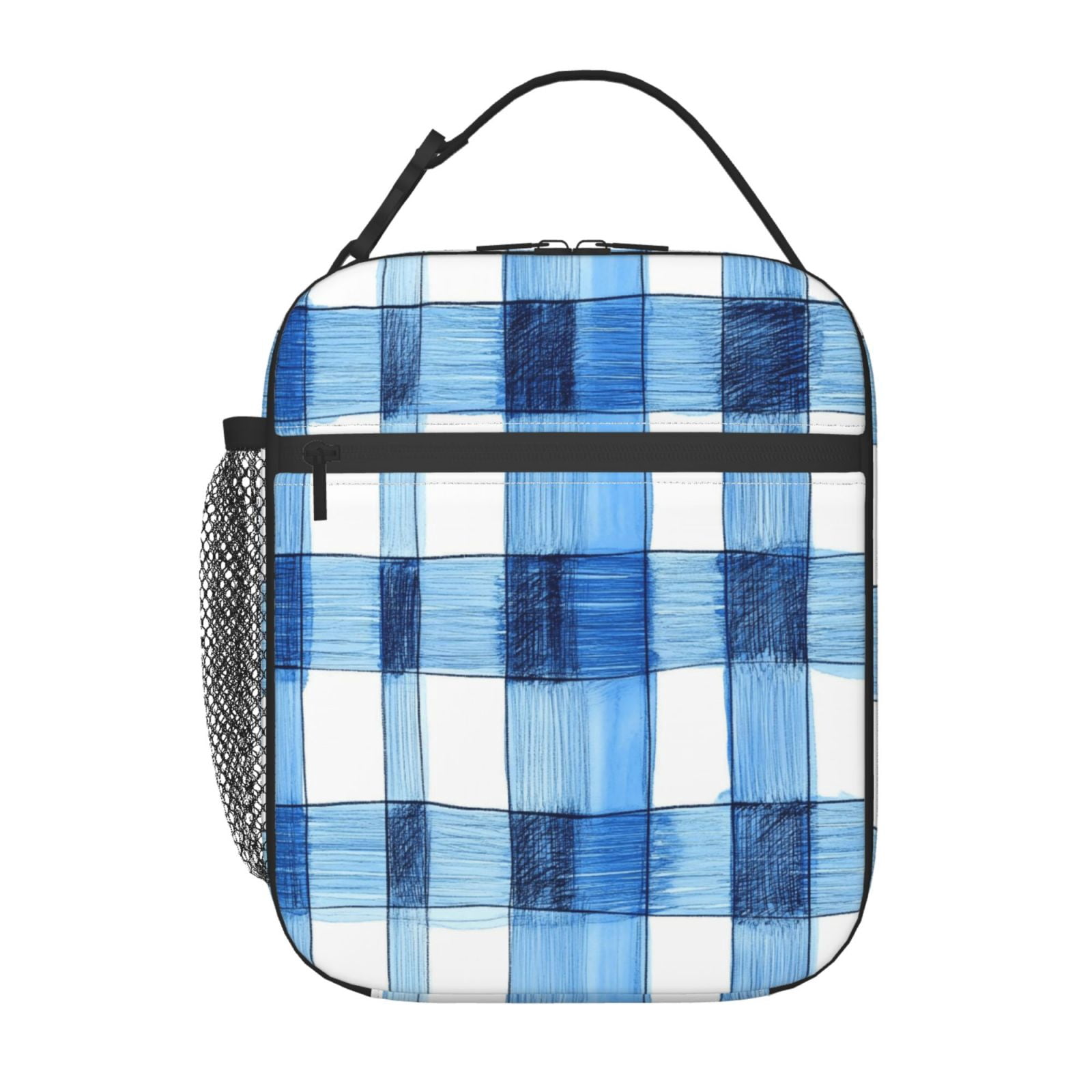 Lunch Bag For Women Men Insulated Portable Lunch Box Bento Box Office Picnic Travel Cooler Bag Cornflowerblue Checked Hand-Drawn Sketch_1