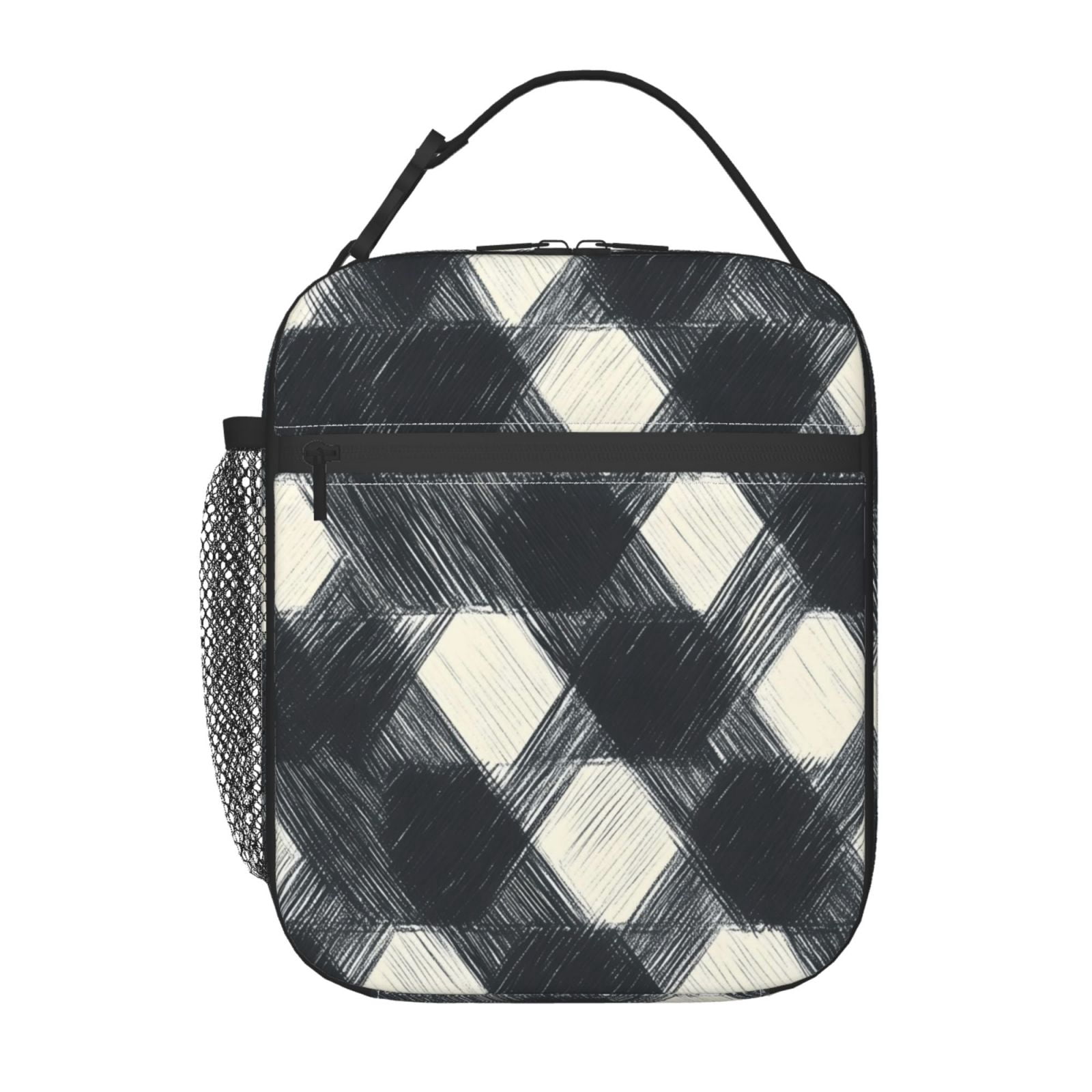 Lunch Bag For Women Men Insulated Portable Lunch Box Bento Box Office Picnic Travel Cooler Bag Darkgray Checked Hand-Drawn Sketch_1
