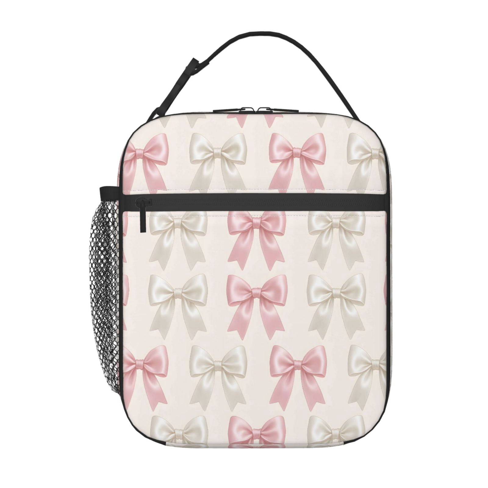 Lunch Bag For Women Men Insulated Portable Lunch Box Bento Box Office Picnic Travel Cooler Bag Elegant Pastel Satin Ribbon Bow Pattern