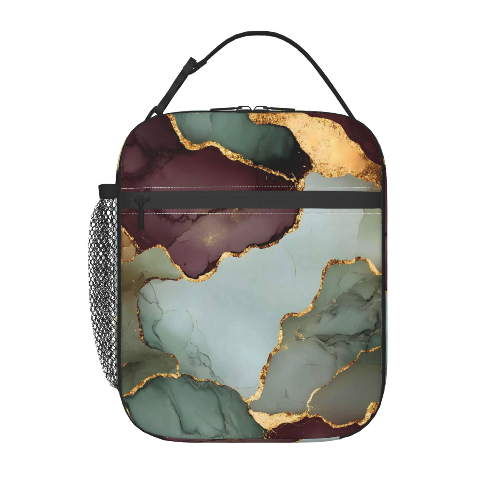 Lunch Bag For Women Men Insulated Portable Lunch Box Bento Box Office Picnic Travel Cooler Bag Green And Brown Gold Marble