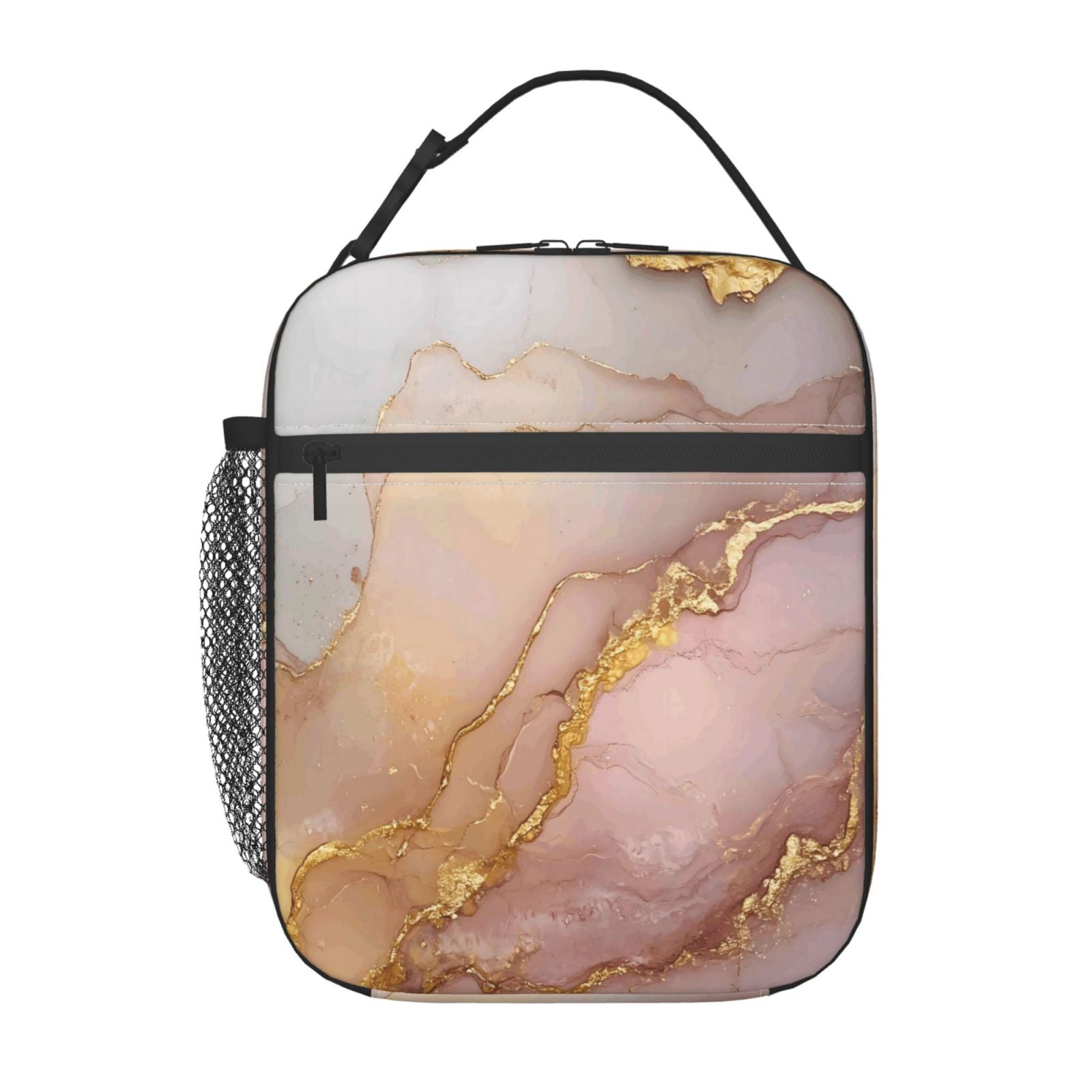 Lunch Bag For Women Men Insulated Portable Lunch Box Bento Box Office Picnic Travel Cooler Bag Lightpink White Gold Marble