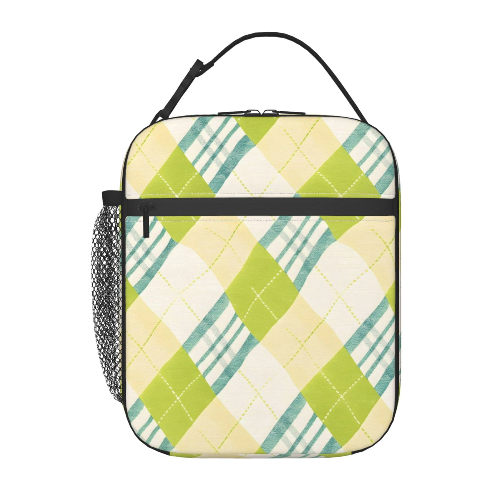 Lunch Bag For Women Men Insulated Portable Lunch Box Bento Box Office Picnic Travel Cooler Bag Lime Houndstooth Hand-Drawn Sketch_1