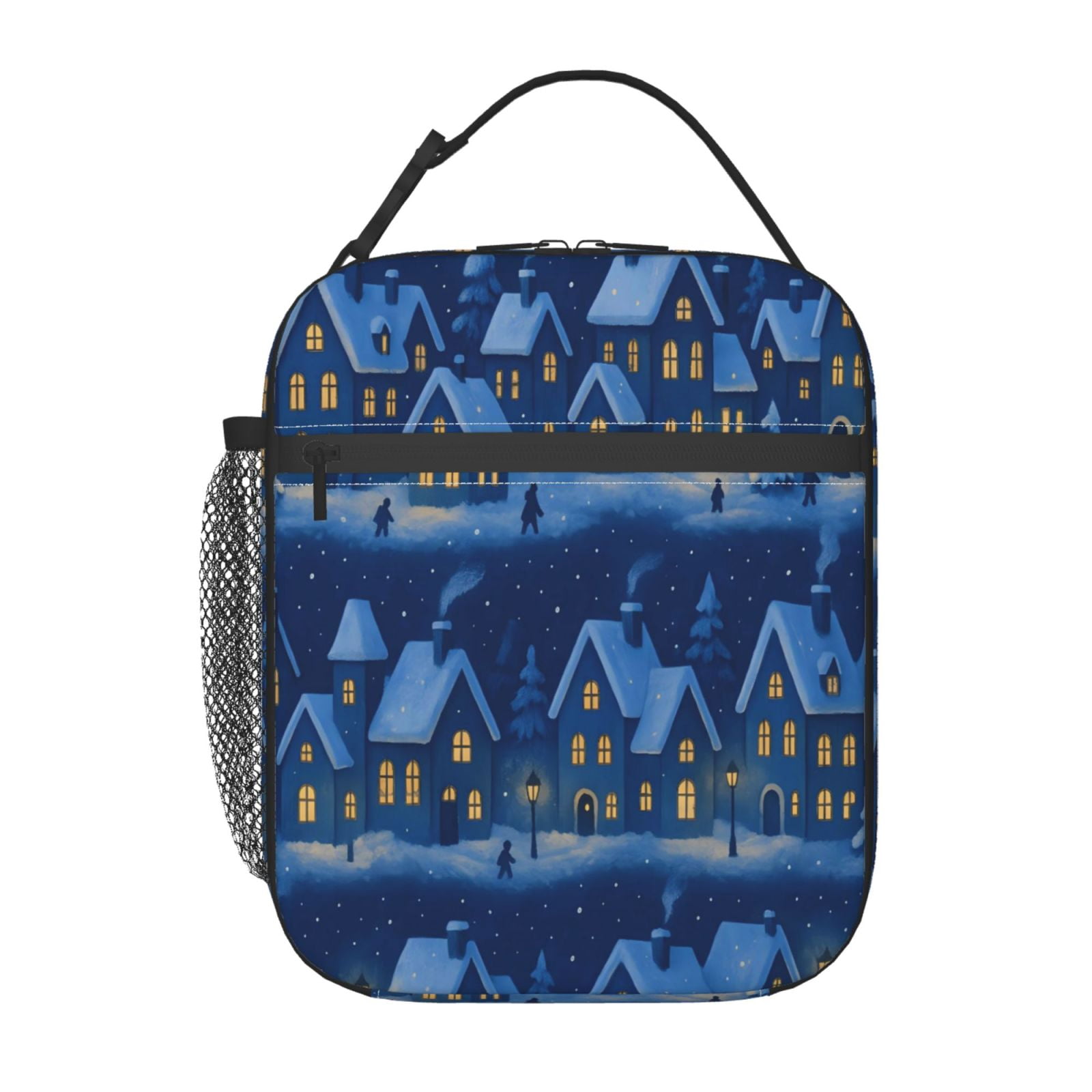 Lunch Bag For Women Men Insulated Portable Lunch Box Bento Box Office Picnic Travel Cooler Bag Magical Christmas Village Night Pattern
