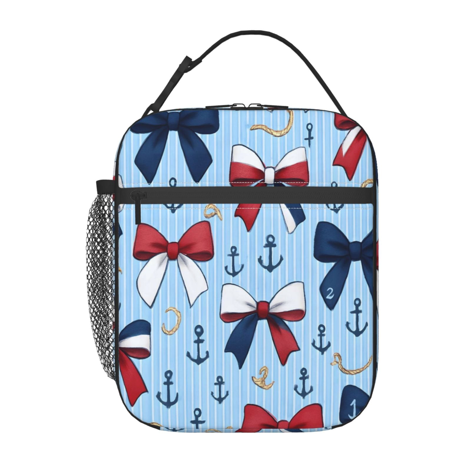 Lunch Bag For Women Men Insulated Portable Lunch Box Bento Box Office Picnic Travel Cooler Bag Nautical Theme Ribbon Bow Pattern