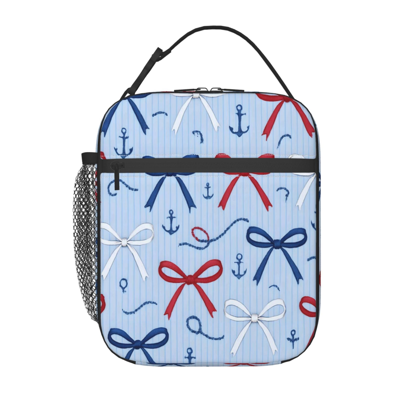 Lunch Bag For Women Men Insulated Portable Lunch Box Bento Box Office Picnic Travel Cooler Bag Nautical Theme Thin Ribbon Bow Pattern