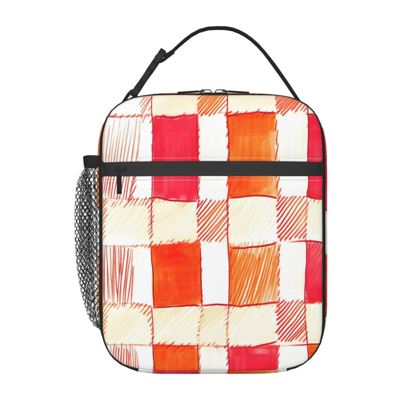 Lunch Bag For Women Men Insulated Portable Lunch Box Bento Box Office Picnic Travel Cooler Bag Orangered Houndstooth Checkered Hand-Drawn Sketch_4
