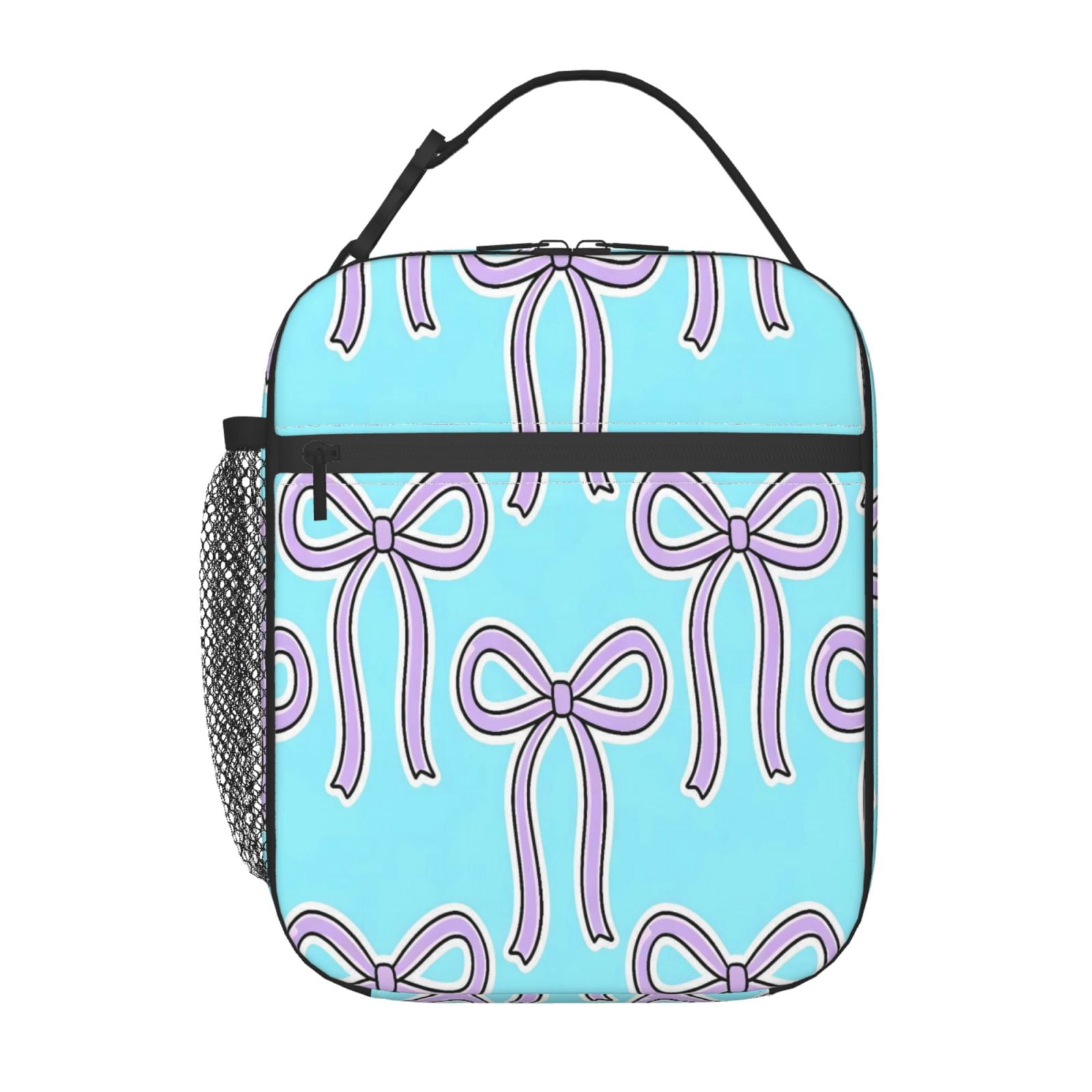 Lunch Bag For Women Men Insulated Portable Lunch Box Bento Box Office Picnic Travel Cooler Bag Purple Bow On Blue Background