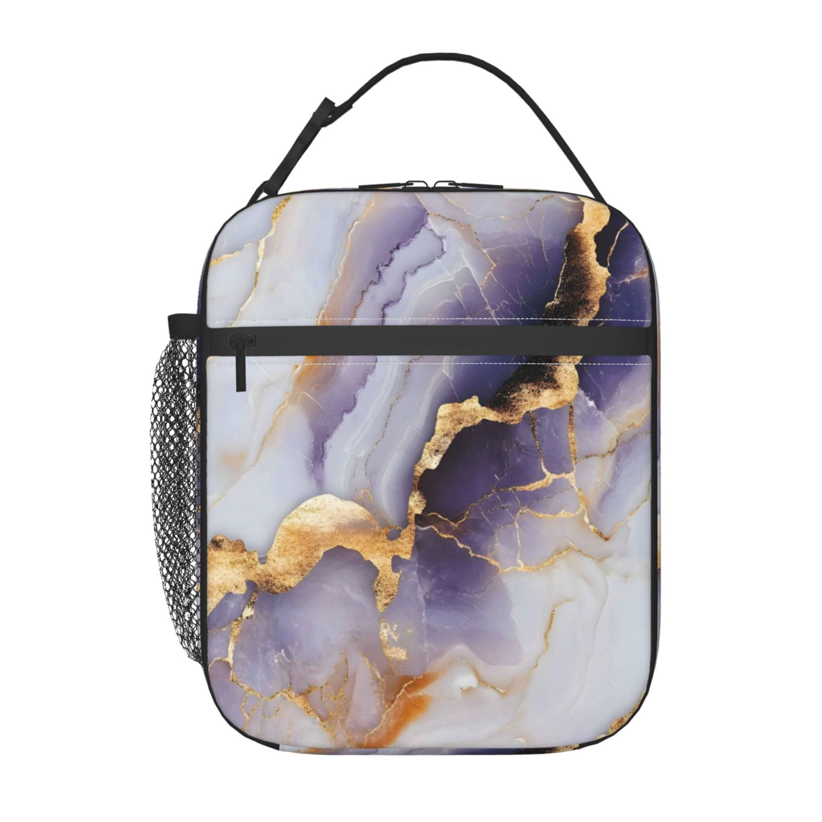 Lunch Bag For Women Men Insulated Portable Lunch Box Bento Box Office Picnic Travel Cooler Bag Purple-White-Gold Marble