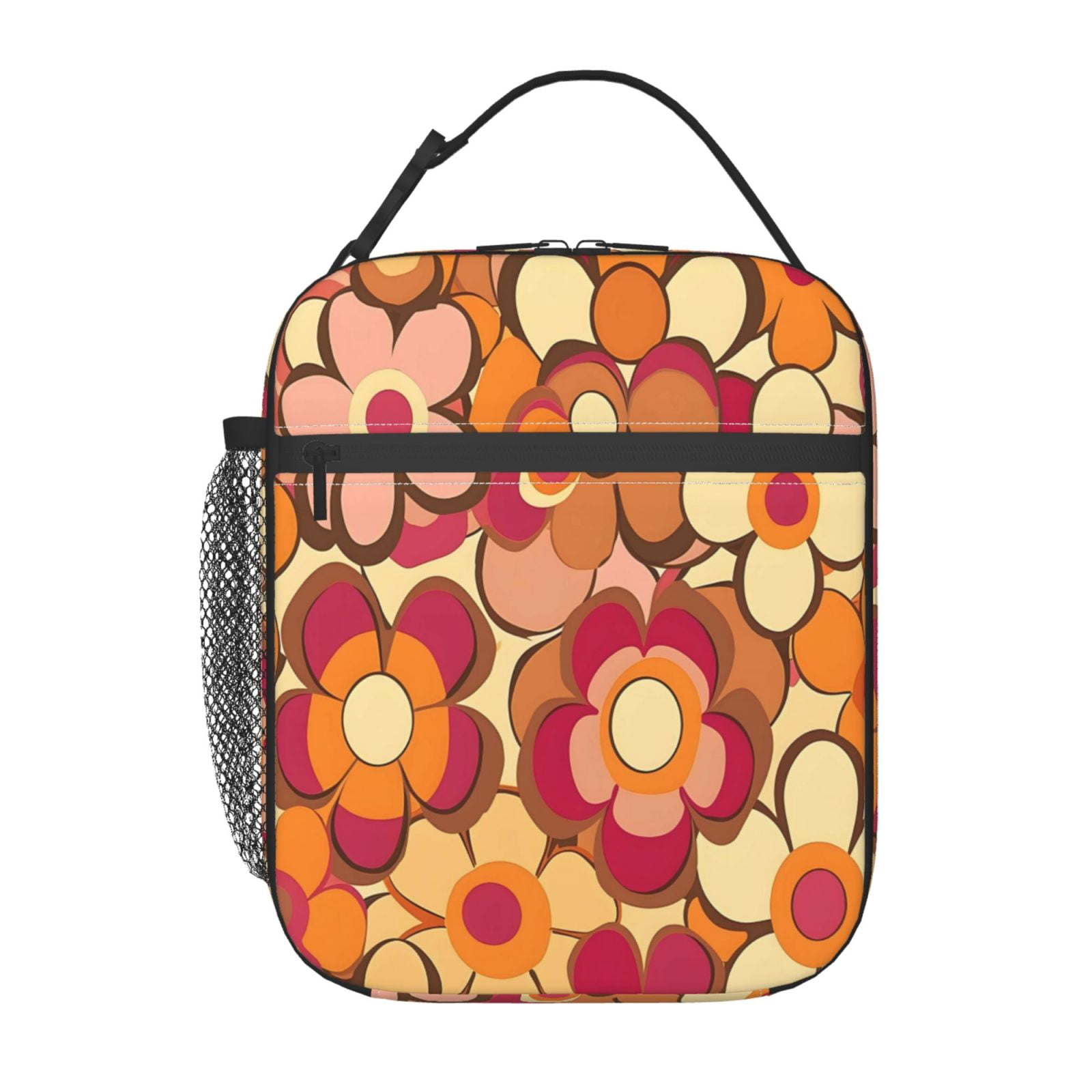 Lunch Bag For Women Men Insulated Portable Lunch Box Bento Box Office Picnic Travel Cooler Bag Retro Groovy Flowers Pattern (13)