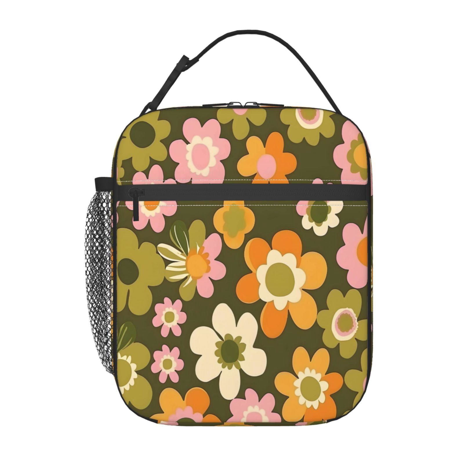 Lunch Bag For Women Men Insulated Portable Lunch Box Bento Box Office Picnic Travel Cooler Bag Retro Groovy Flowers Pattern (3)