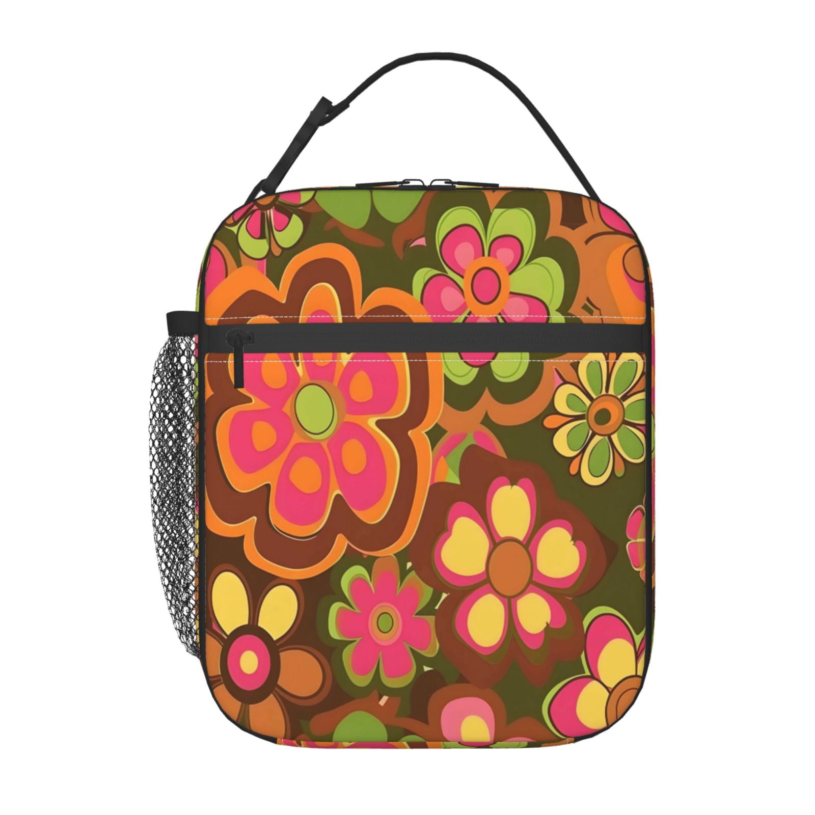 Lunch Bag For Women Men Insulated Portable Lunch Box Bento Box Office Picnic Travel Cooler Bag Retro Groovy Flowers Pattern (4)