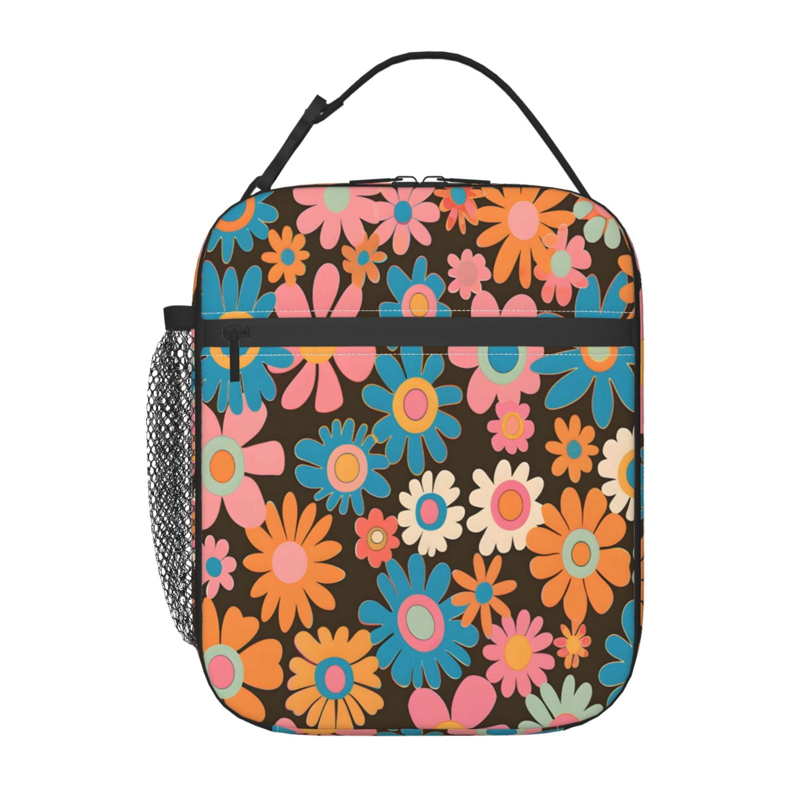 Lunch Bag For Women Men Insulated Portable Lunch Box Bento Box Office Picnic Travel Cooler Bag Retro Groovy Flowers Pattern (6)