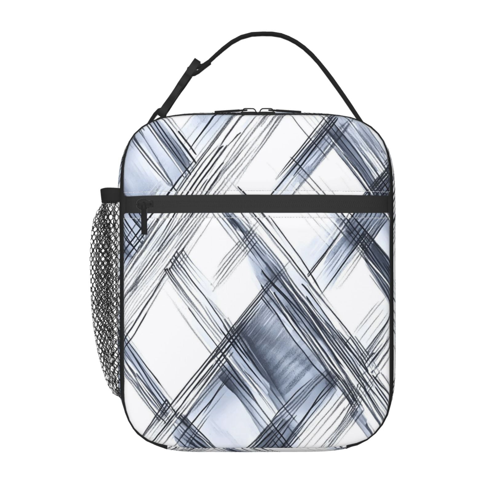 Lunch Bag For Women Men Insulated Portable Lunch Box Bento Box Office Picnic Travel Cooler Bag Silver Checked Hand-Drawn Sketch_1