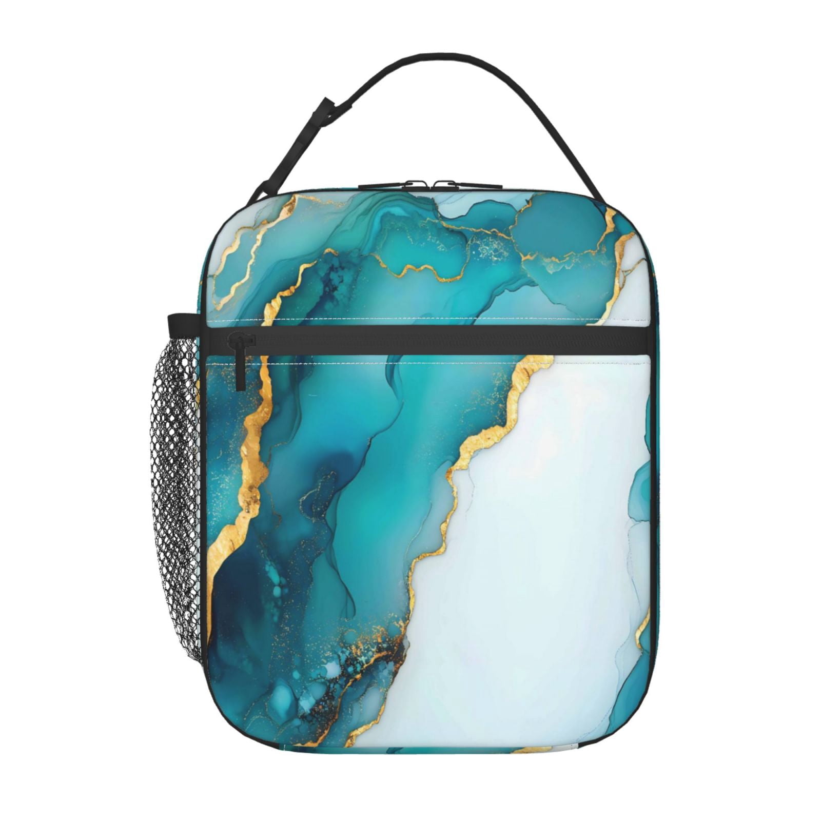 Lunch Bag For Women Men Insulated Portable Lunch Box Bento Box Office Picnic Travel Cooler Bag Skyblue And White Gold Marble