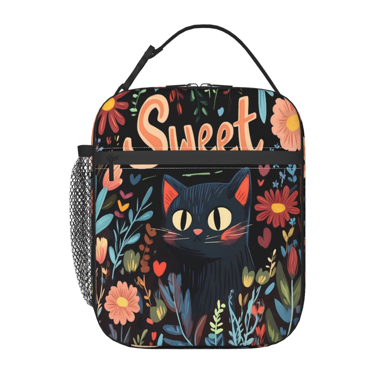 Lunch Bag For Women Men Insulated Portable Lunch Box Bento Box Office Picnic Travel Cooler Bag Sweet Cat And Flower