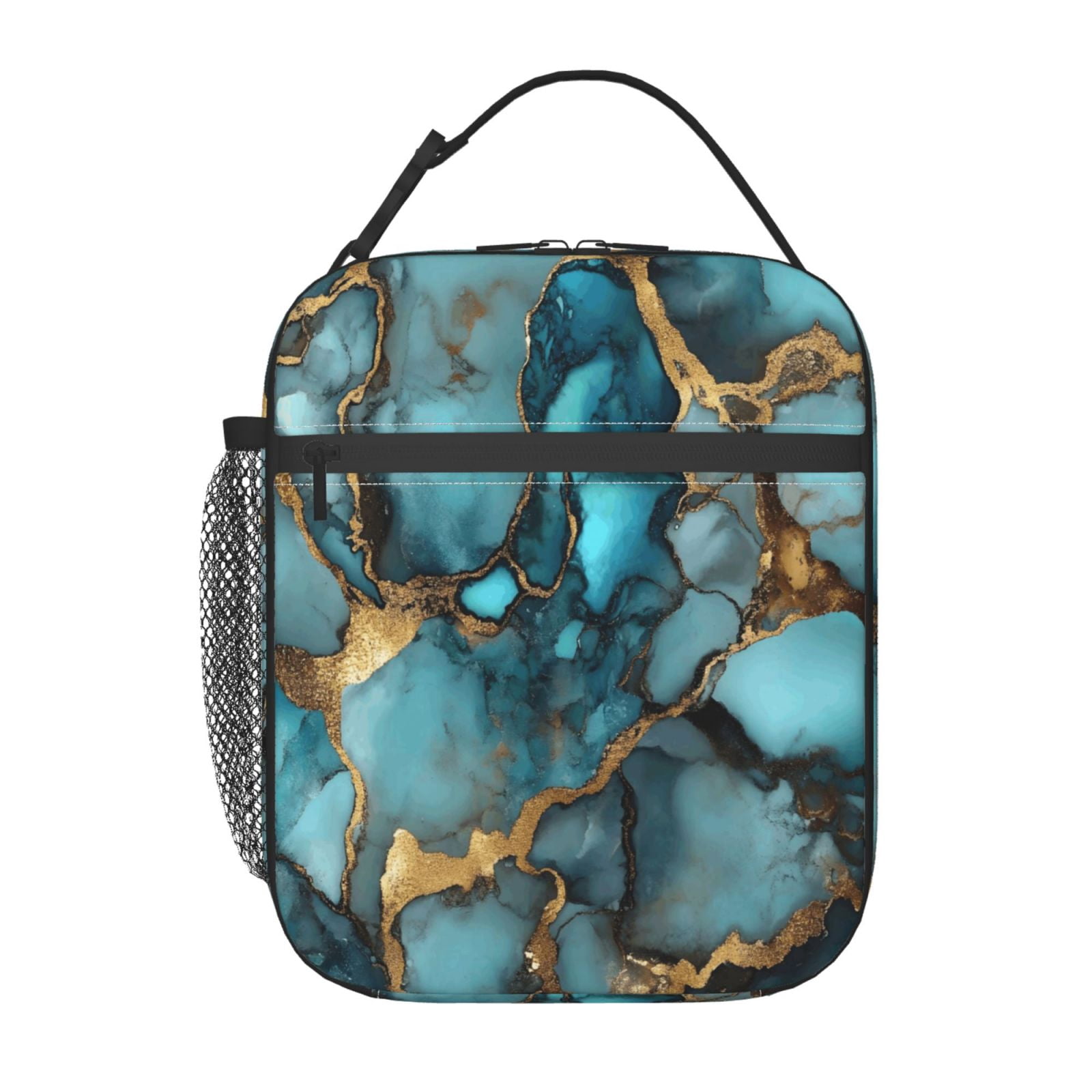 Lunch Bag For Women Men Insulated Portable Lunch Box Bento Box Office Picnic Travel Cooler Bag Teal Gold Marble