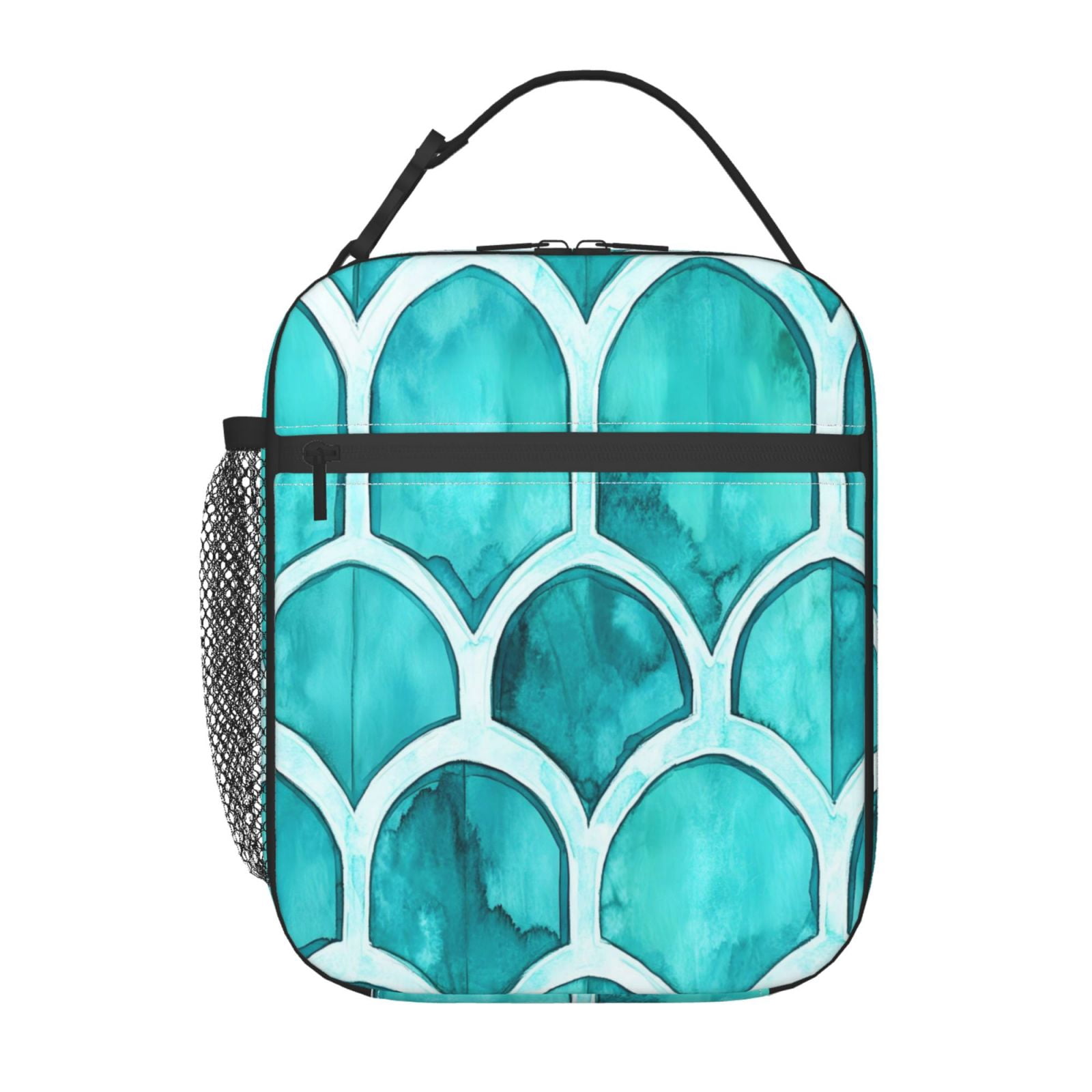 Lunch Bag For Women Men Insulated Portable Lunch Box Bento Box Office Picnic Travel Cooler Bag Turquoise Moroccan Trellis Hand-Drawn Sketch_2