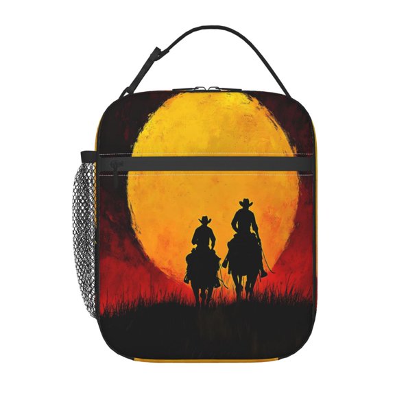 Lunch Bag For Women Men Insulated Portable Lunch Box Bento Box Office Picnic Travel Cooler Bag Western Cowboy Riding Horse At Sunset
