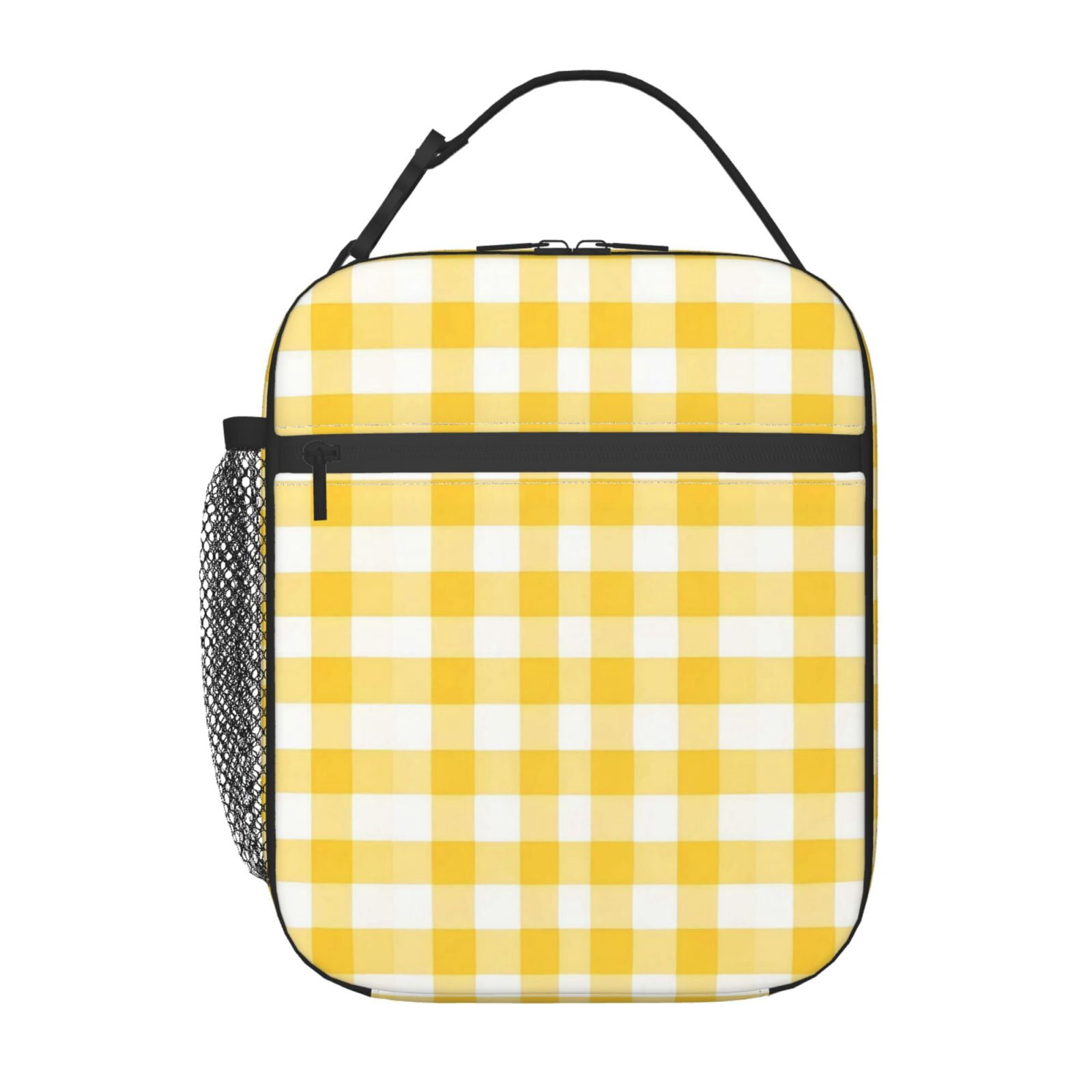 Lunch Bag For Women Men Insulated Portable Lunch Box Bento Box Office Picnic Travel Cooler Bag Yellow And White Checkered Pattern